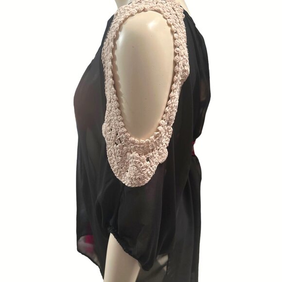 American Dream Black Sheer Cover Up Tunic Crochet Shoulders Lace Detail Size 2X - Picture 2 of 9